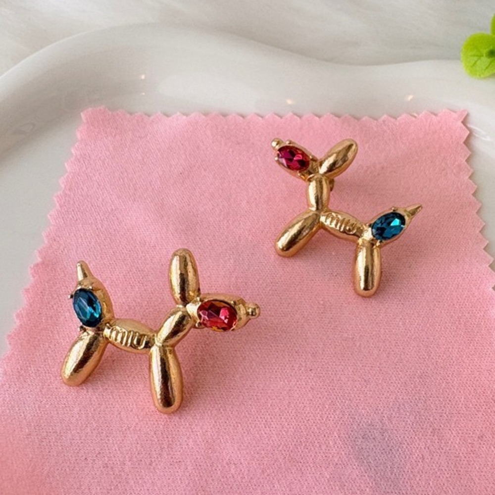 Gold Tone Hot Pink & Blue Crystal Embellished Balloon Dog Stud Earrings